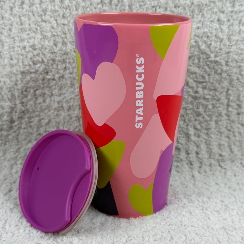 Starbucks 2022 Valentine Hearts Ceramic Travel Tumbler Mug 12oz Pink Purple Lid